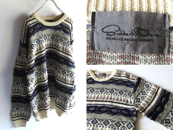 希少 ビンテージ BRUNO DE ANGELIS MILANO ウール混 立体編み 3Dニット セーター L エクリュ マルチカラー拍卖