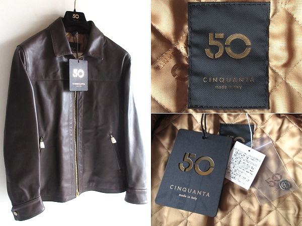 新品タグ付 定価198000円 CINQUANTA チンクアンタ H503 ロゴ裏地 エコダウン/中綿入 馬革 ホースレザージャケット ブルゾン 50 イタリア製拍卖