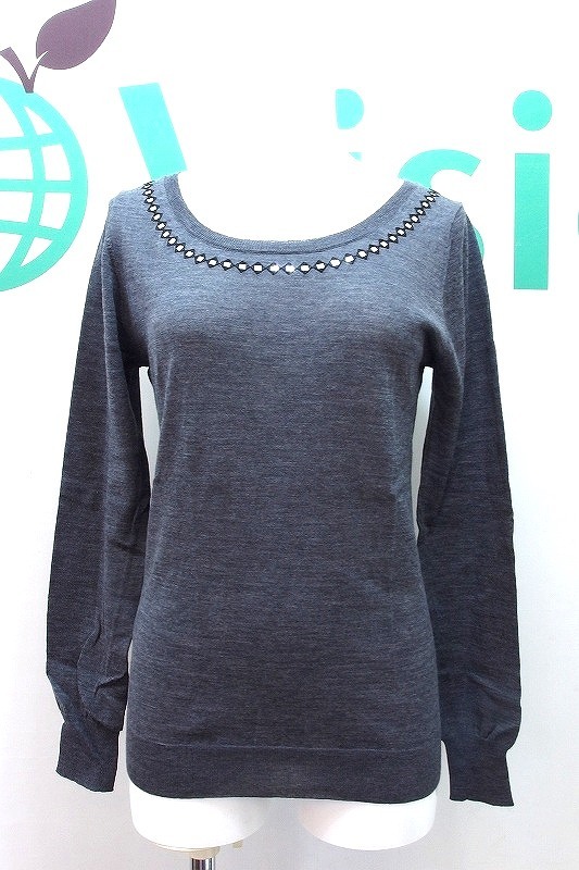 W*ダナキャランニューヨーク DKNY 刺繍デザイン Uネック 長袖ウールニット S グレー kz4220185052拍卖