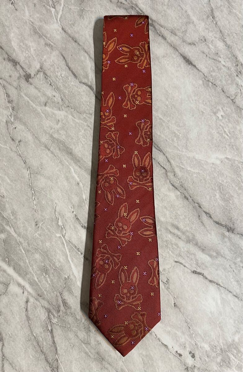サイコバニー 花柄 スカルラビット 刺繍 シルク 100% ネクタイ オレンジ拍卖