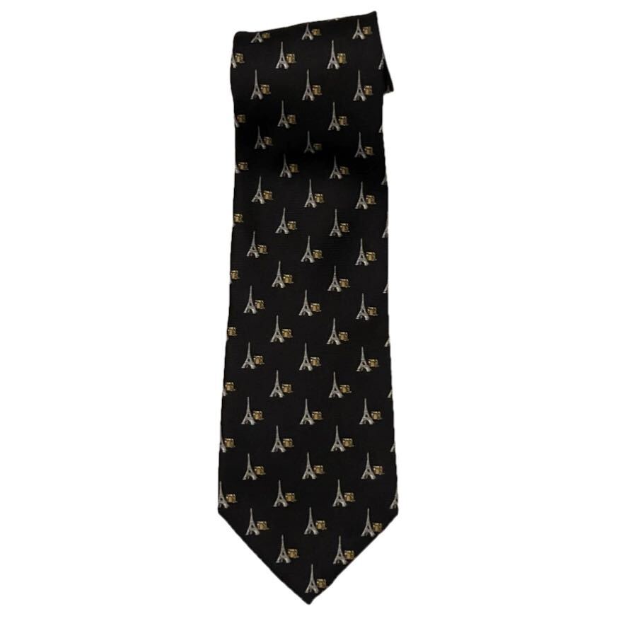 MADE IN ITALY製 GIANNI VASARI エッフェル塔柄シルクネクタイ ブラック ジャンニヴァザーリ イタリア製拍卖