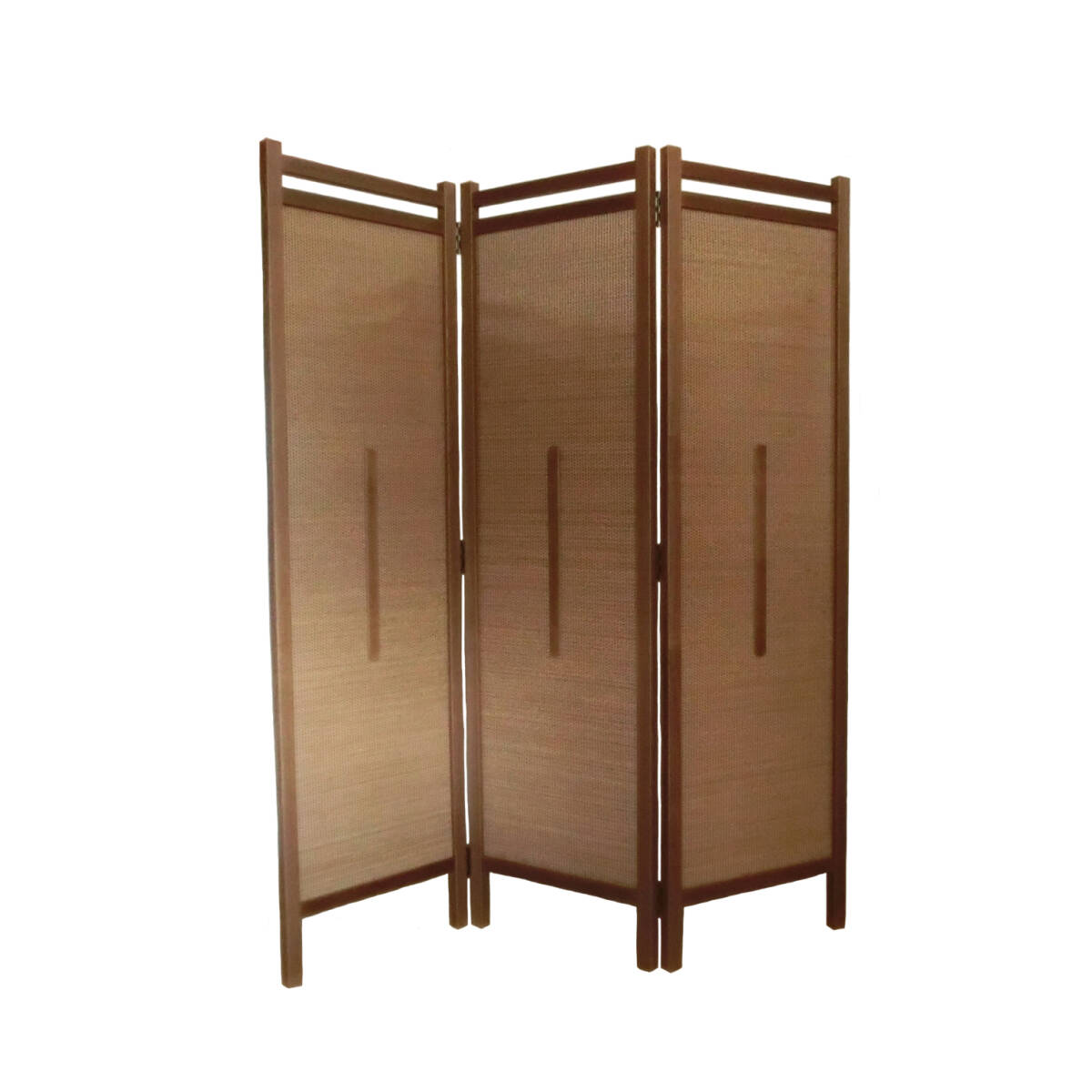 衝立 天然杢タモ無垢材 ウォールナット色仕上げ フレーム 3連 折り畳み式 パーテーション 燻し竹 スクリーン 高さ約150cm 間仕切り 衝立拍卖