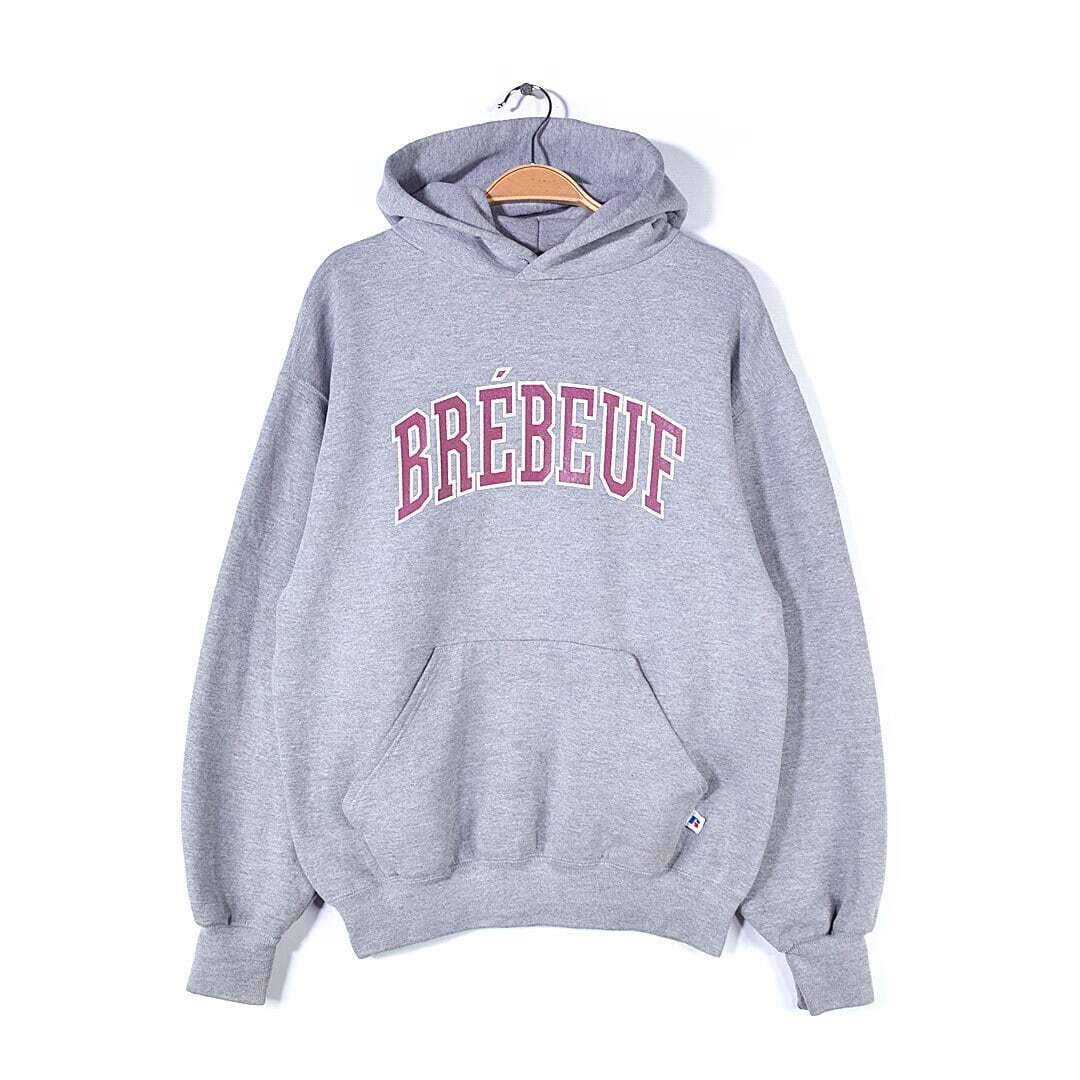 【送料無料】80s 90s ラッセル ヴィンテージスウェットパーカー カレッジプリント BREBEUF 霜降りグレー メンズL相当 古着 @CG0440拍卖