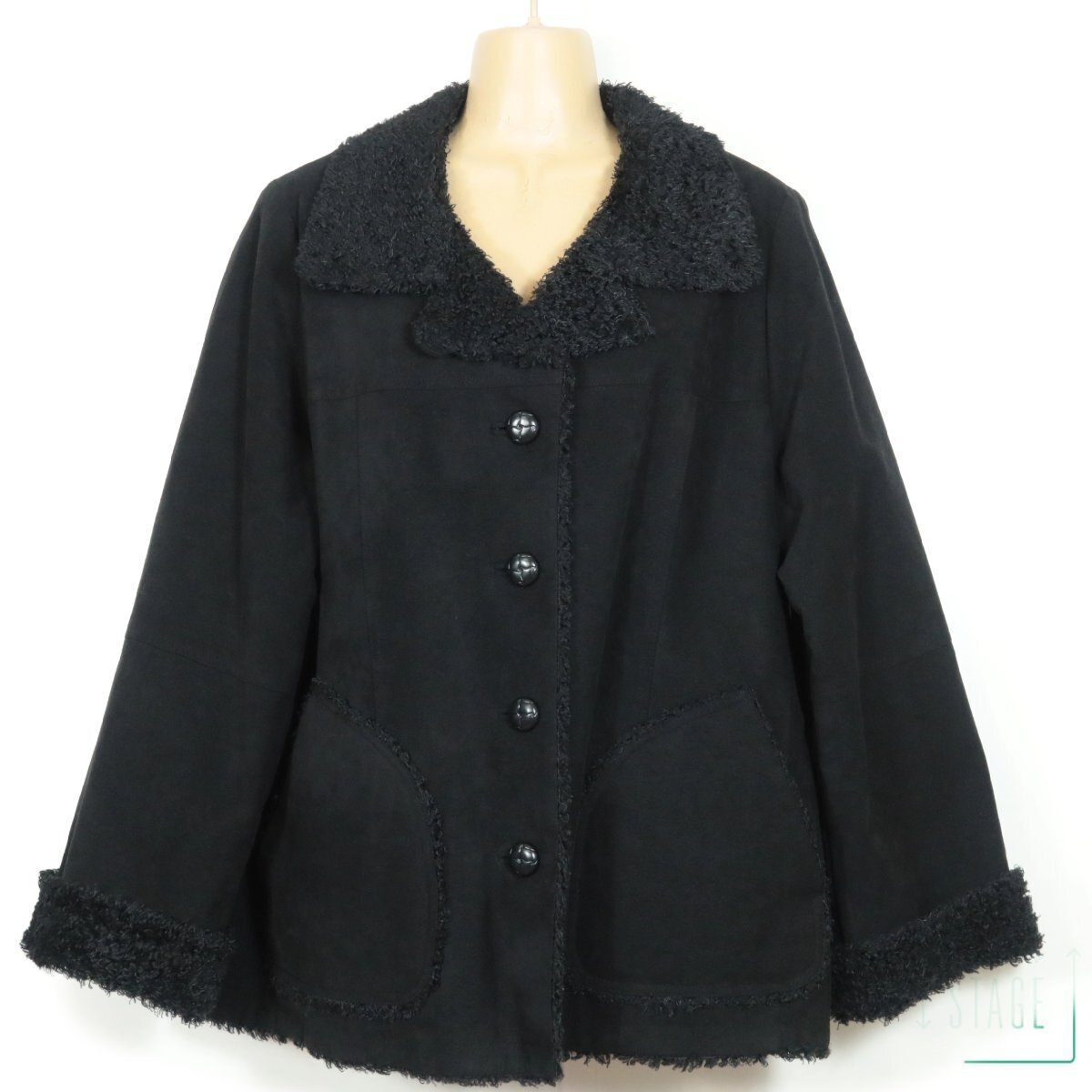 【極美品】レリアン★上品♪スウェード調のボア付きコート 大きいサイズ13+ 長めの毛足がおしゃれ!暖かさバツグン♪冬物 黒系 z9245s拍卖