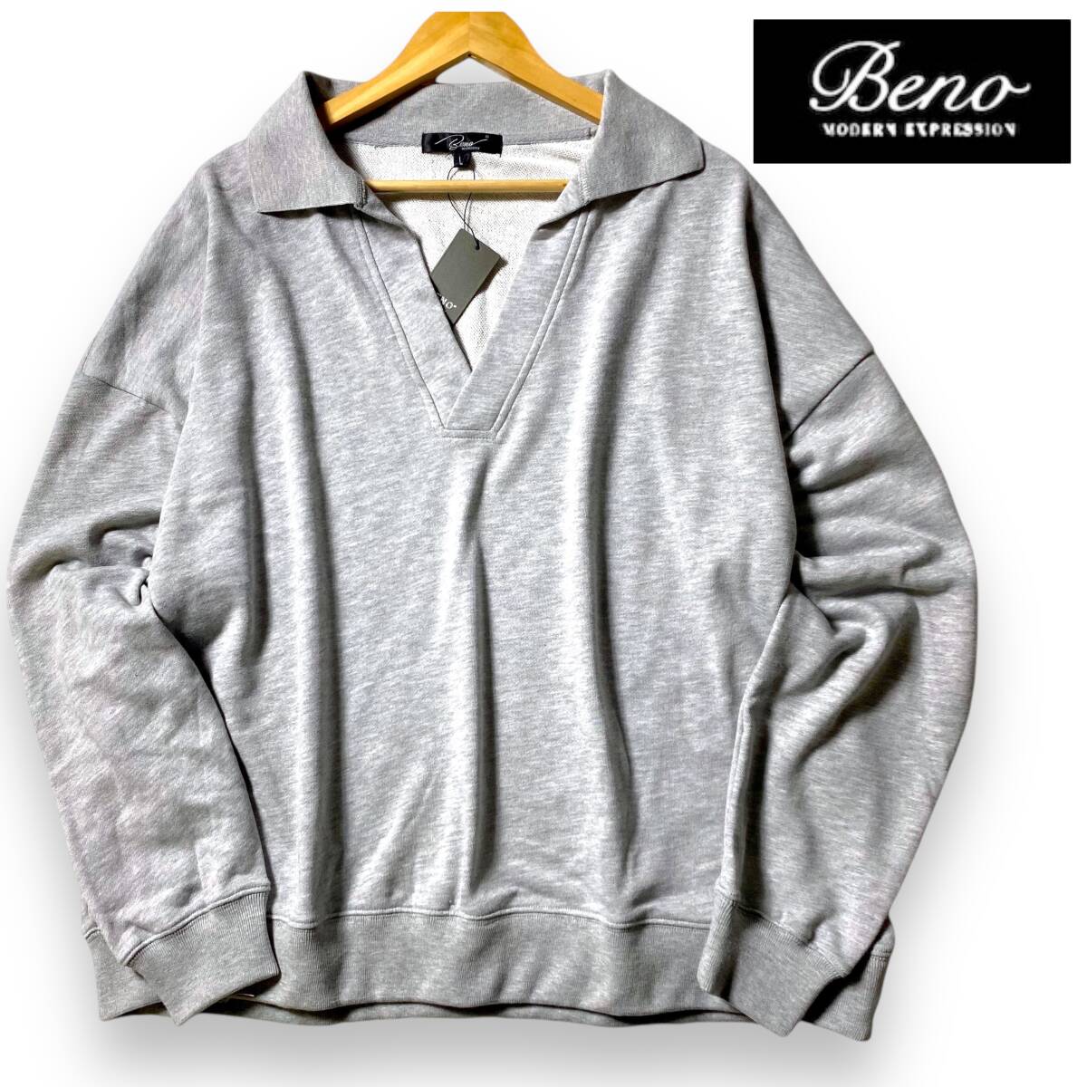 【L】新品 Beno ビーノ リラックスフィット 長袖 スウェット スキッパーシャツ プルオーバー デイリーユース カジュアル◆R1530拍卖