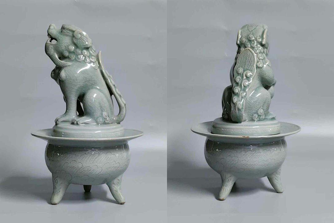 ▼渡鶴羽▼P267朝鮮珍品旧蔵 朝鮮美術 高麗磁 朝鮮古陶磁器 古高麗 李朝 高麗青磁陽刻瑞獣香薫拍卖