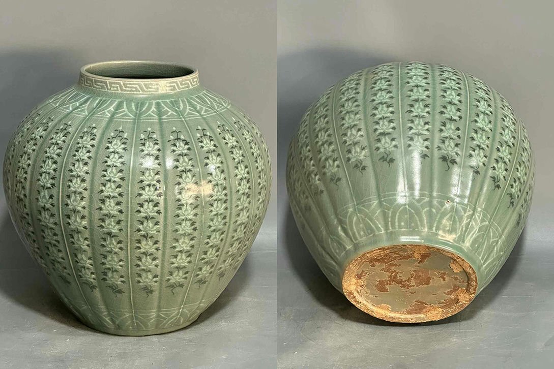 ▼渡鶴羽▼P539朝鮮珍品旧蔵 朝鮮美術 高麗磁 朝鮮古陶磁器 古高麗 李朝 高麗青磁大壺拍卖