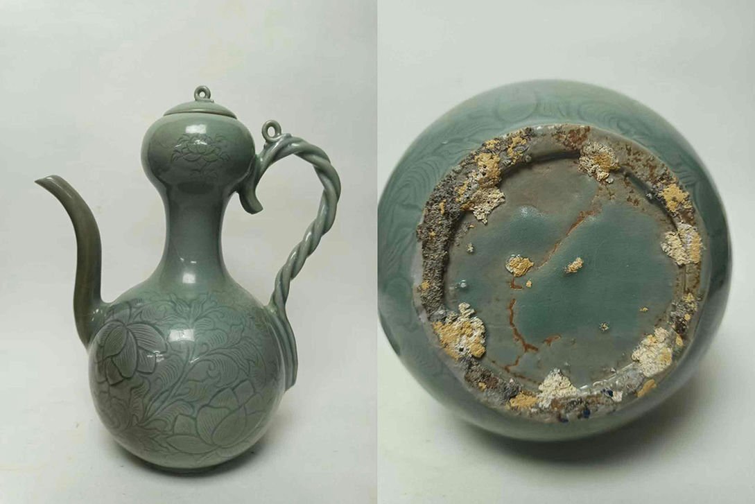 ▼渡鶴羽▼P778朝鮮珍品旧蔵 朝鮮美術 高麗磁 朝鮮古陶磁器 古高麗 李朝 高麗青磁壺拍卖