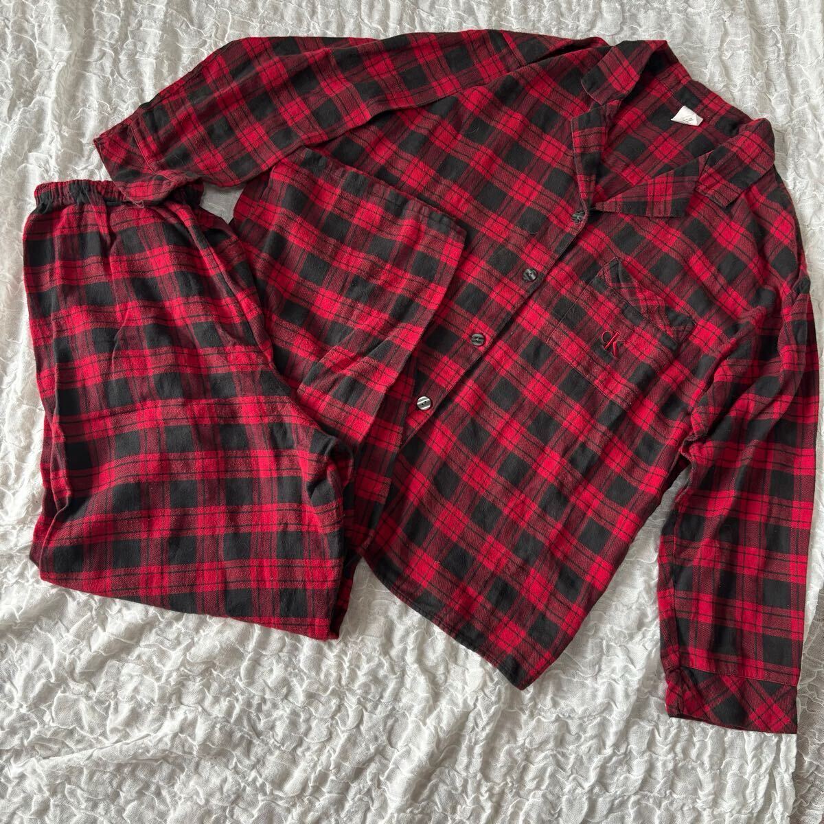 Calvin Klein カルバンクライン 綿100% 赤ブロックチェック 秋冬素材 パジャマ ルームウエア L ★1000拍卖