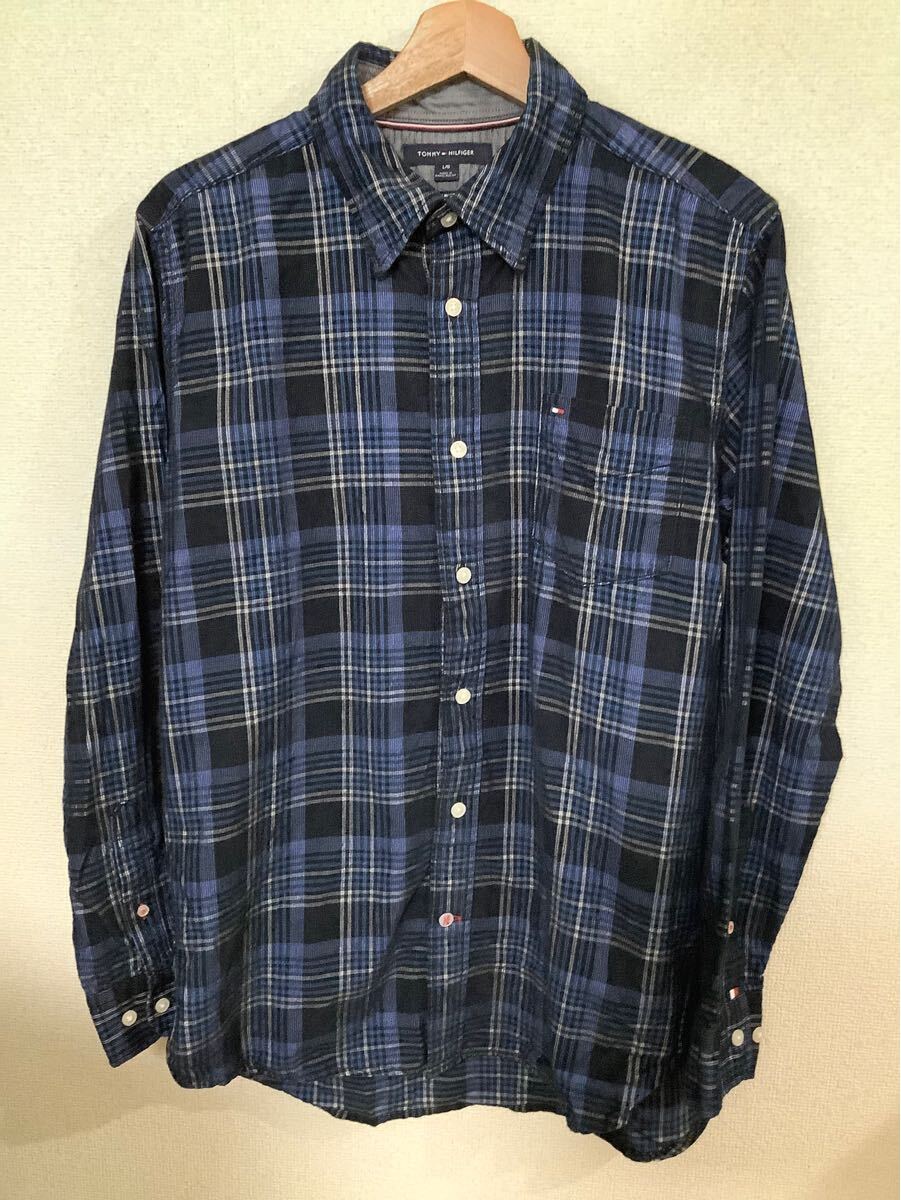 TOMMYHILFIGER トミーヒルフィガー チェック柄 プリントコーデュロイシャツ ネイビー 隠しボタンダウン セレクト ストリート 古着拍卖