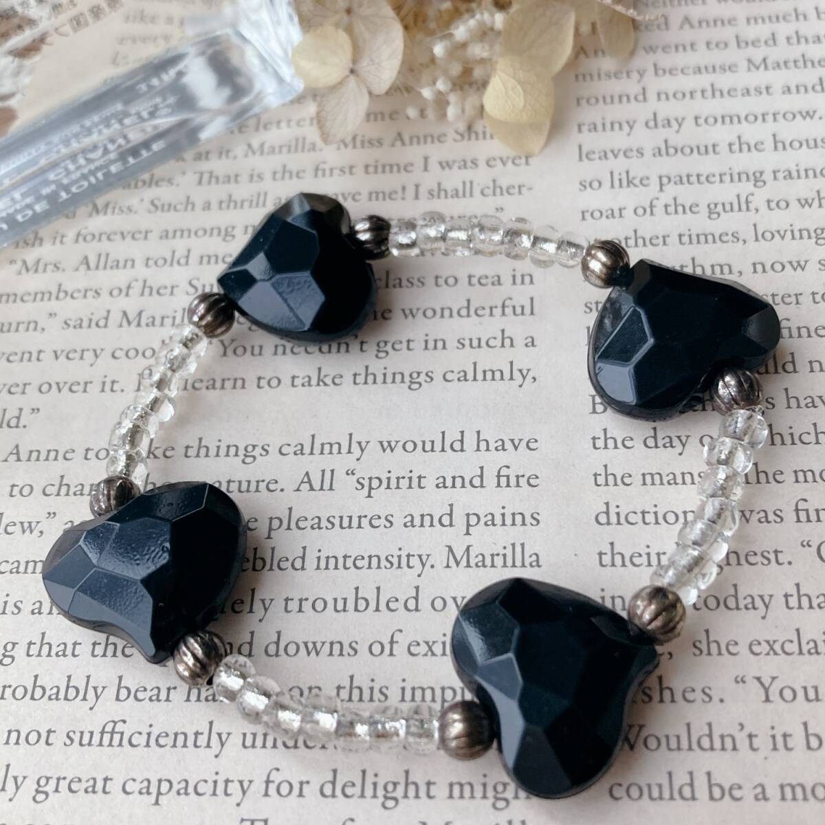 ブレスレット ビーズ ブラック ハート 多面カット クリスタル ☆Vintage jewelry accessories R0089拍卖