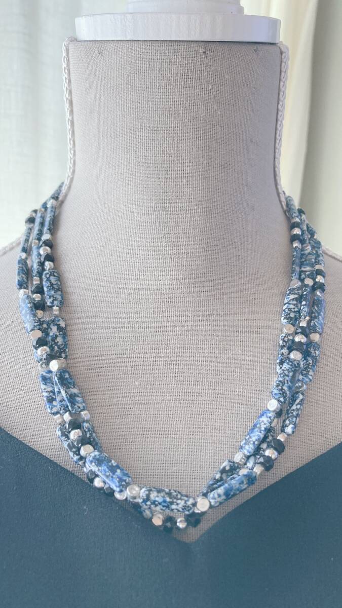 ネックレス 超ロング ブラックブルー シルバー ストーン風ビーズ メンズ レディース 軽量☆Vintage jewelry accessoriesk0991拍卖