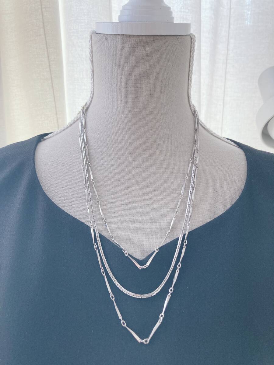 ネックレス ロング 3連 トリプル 細目チェーン 切子チェーン シンプル 高見え シルバー美品☆Vintage jewelry accessories R0035拍卖