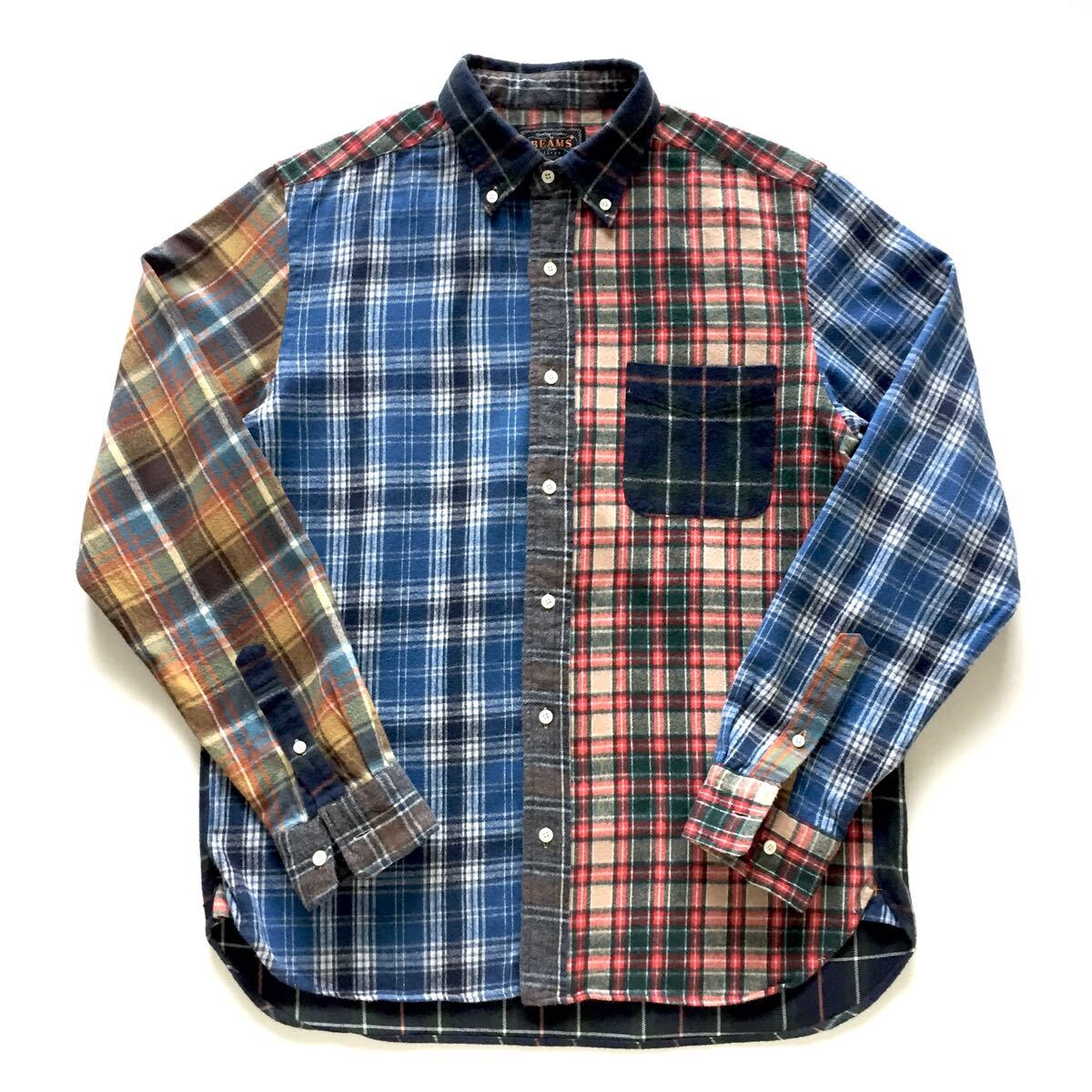 美品 BEAMS PLUS Crazy pattern Flannel Plaid shirt ビームスプラス クレイジーパターン フランネル チェックシャツ M 日本製 JAPAN MADE拍卖