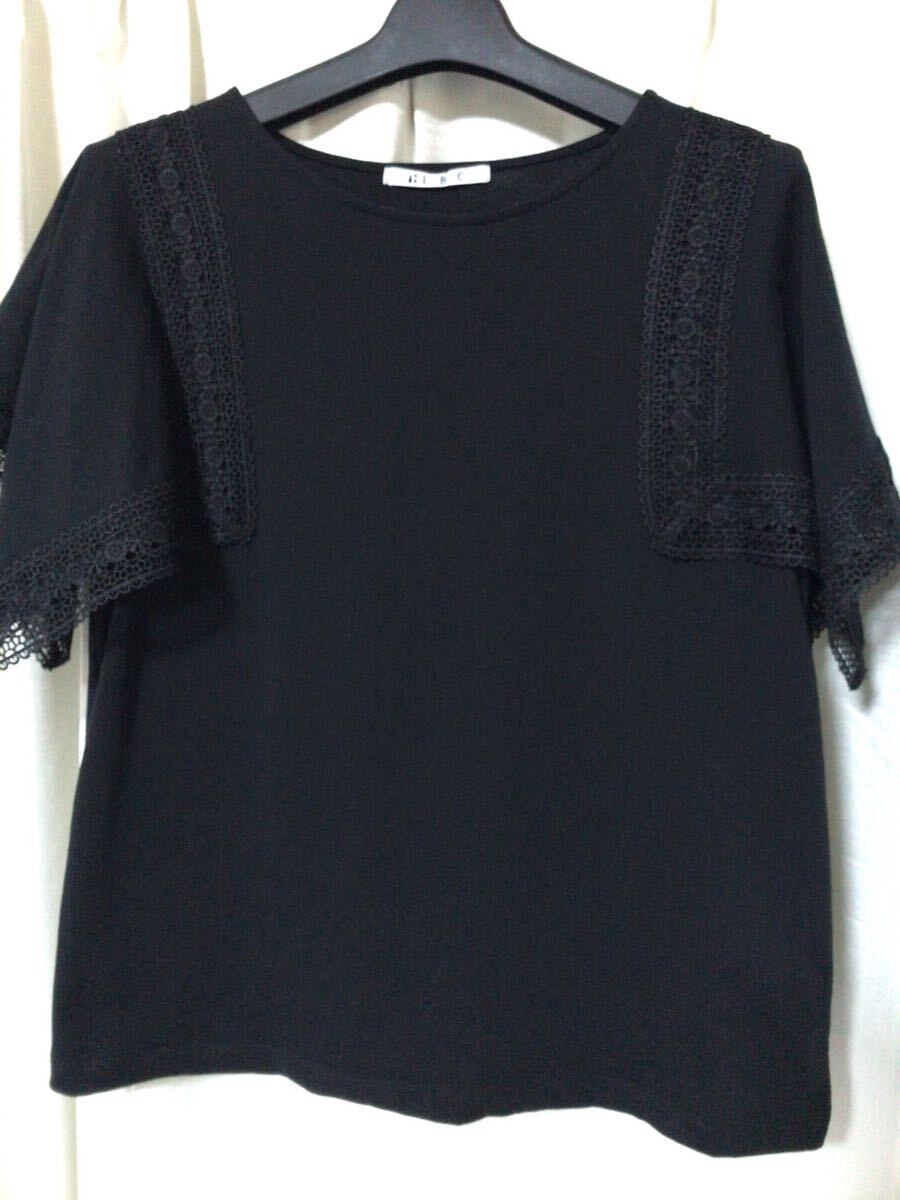 半袖カットソー☆黒系☆ブラック系☆トップス☆スクエア袖☆レース飾り袖☆L☆拍卖