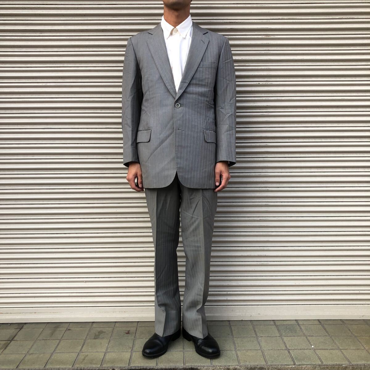 60s 70s Matsumiya Japan Vintage 2ピース 背広 セットアップ ヴィンテージ ビジネス テーラード ジレベスト 大同毛織 グレー ストライプ S拍卖