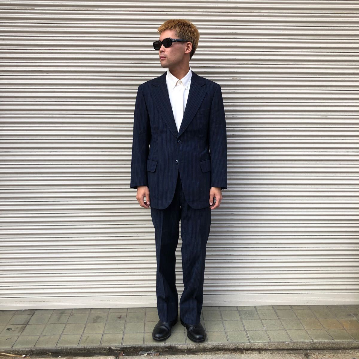 60s 70s Matsumiya Japan Vintage 2ピース 背広 セットアップ ヴィンテージ ビジネス テーラード ストライプ 大同毛織ネイビー S拍卖