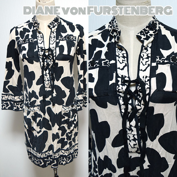 DIANE von FURSTENBERG■シルクジャージー長袖ミニワンピース バタフライ柄 チュニック 0(S) ダイアンフォンファステンバーグ拍卖