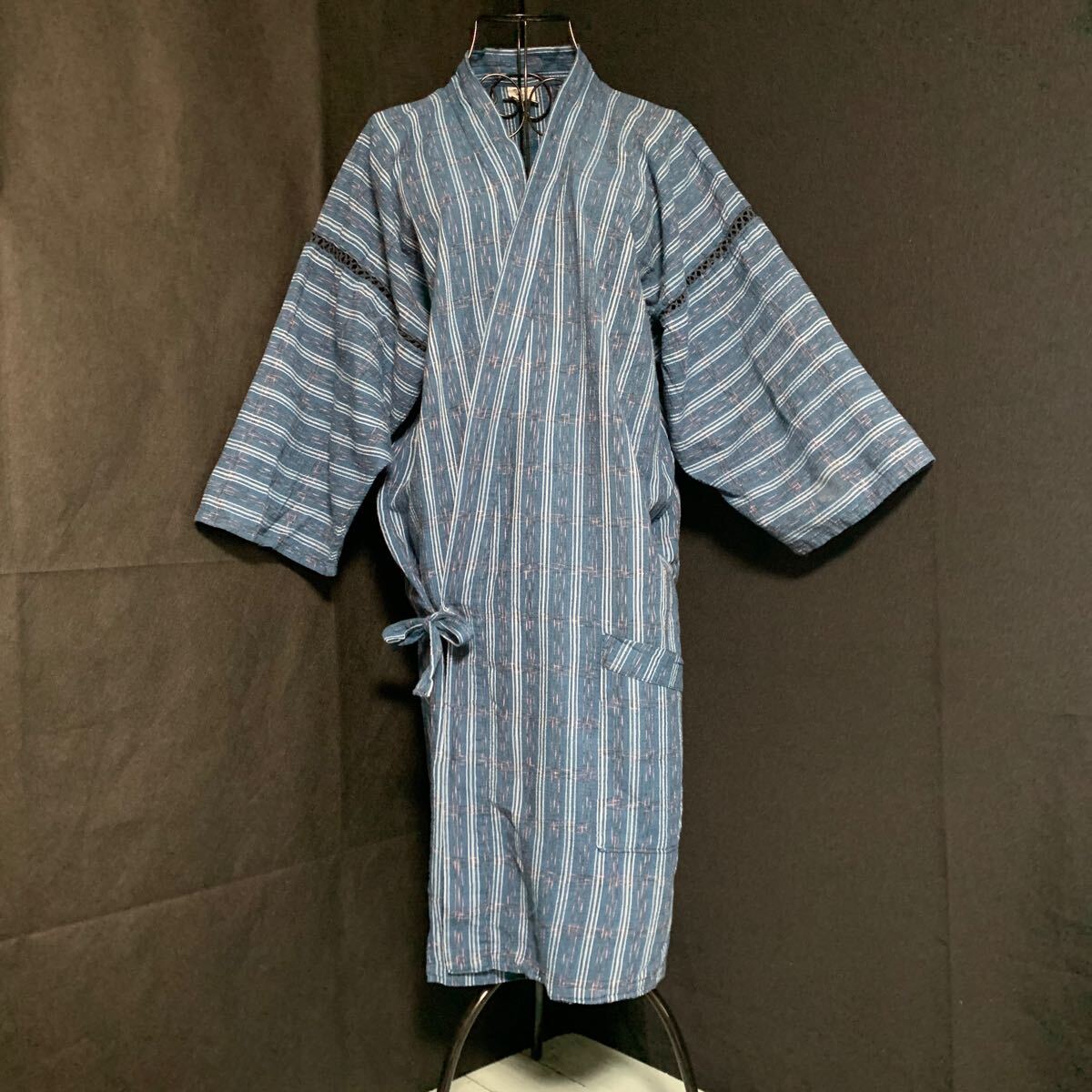 ☆着物 さんぴ L ねまき 寝巻 紳士用 パジャマ 生地 リメイク素材 ハンドメイド 古布 型染め 絣 手作り パッチワーク カスリ かすり(A-540)拍卖