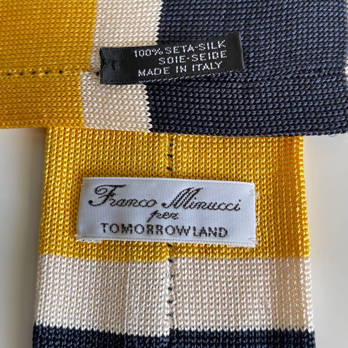 FRANCO MINUCCI(フランコミヌッチ)×TOMORROWLAND(トゥモローランド)紺黄色ニットネクタイ ニットタイ拍卖