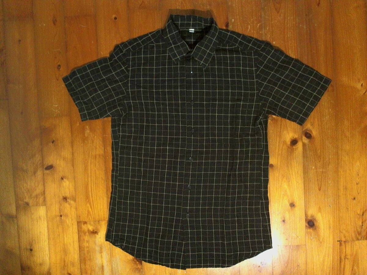 ☆松☆ユニクロ☆UNIQLO☆麻&綿 リネン&コットン 半袖シャツ チェックシャツ S 黒 ブラック 白系 拍卖