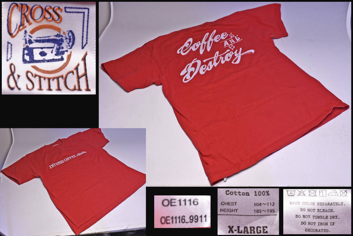 CROSS & STITCH ★ Tee ★ Tシャツ ★ RED ★ 赤 ★ XLサイズ ★ ZHYVAGO COFFEE ★ 喫茶店オリジナル ★ 沖縄 ★ 中古品拍卖