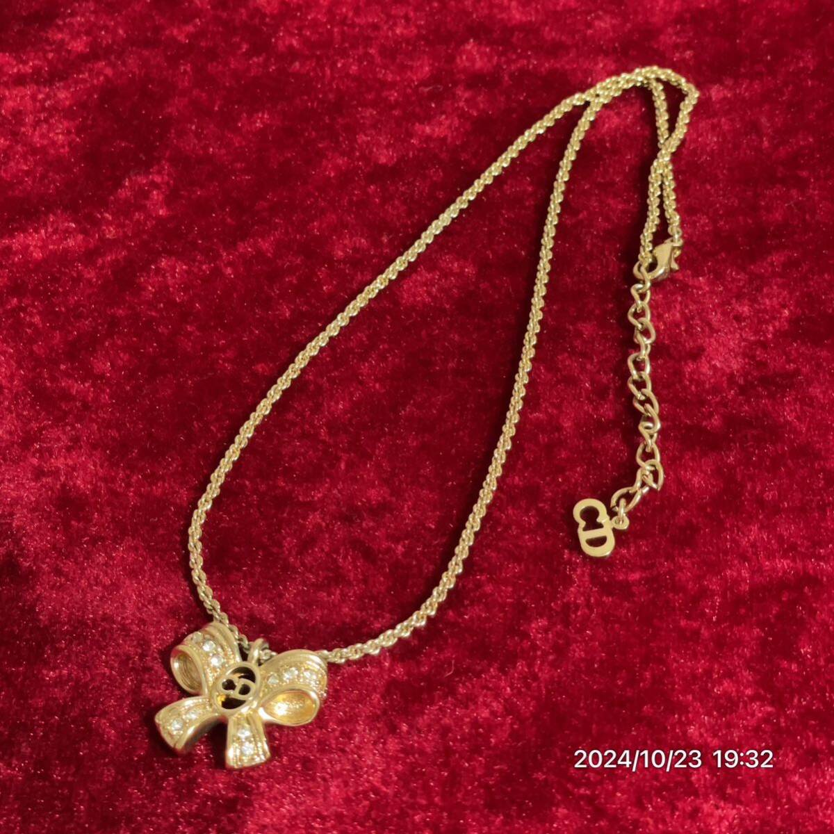 Dior クリスチャン ディオール CDロゴ リボン ラインストーン ゴールドカラー ネックレス アクセサリー 拍卖
