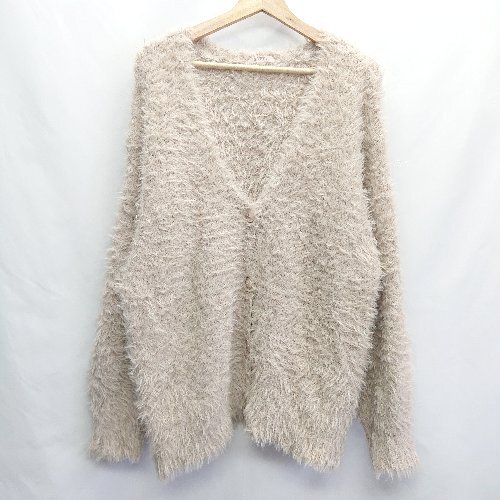 ◇ ⊇ one after another NICE CLAUP Vネック 長袖 シャギーニットカーディガン サイズF ベージュ レディース E拍卖