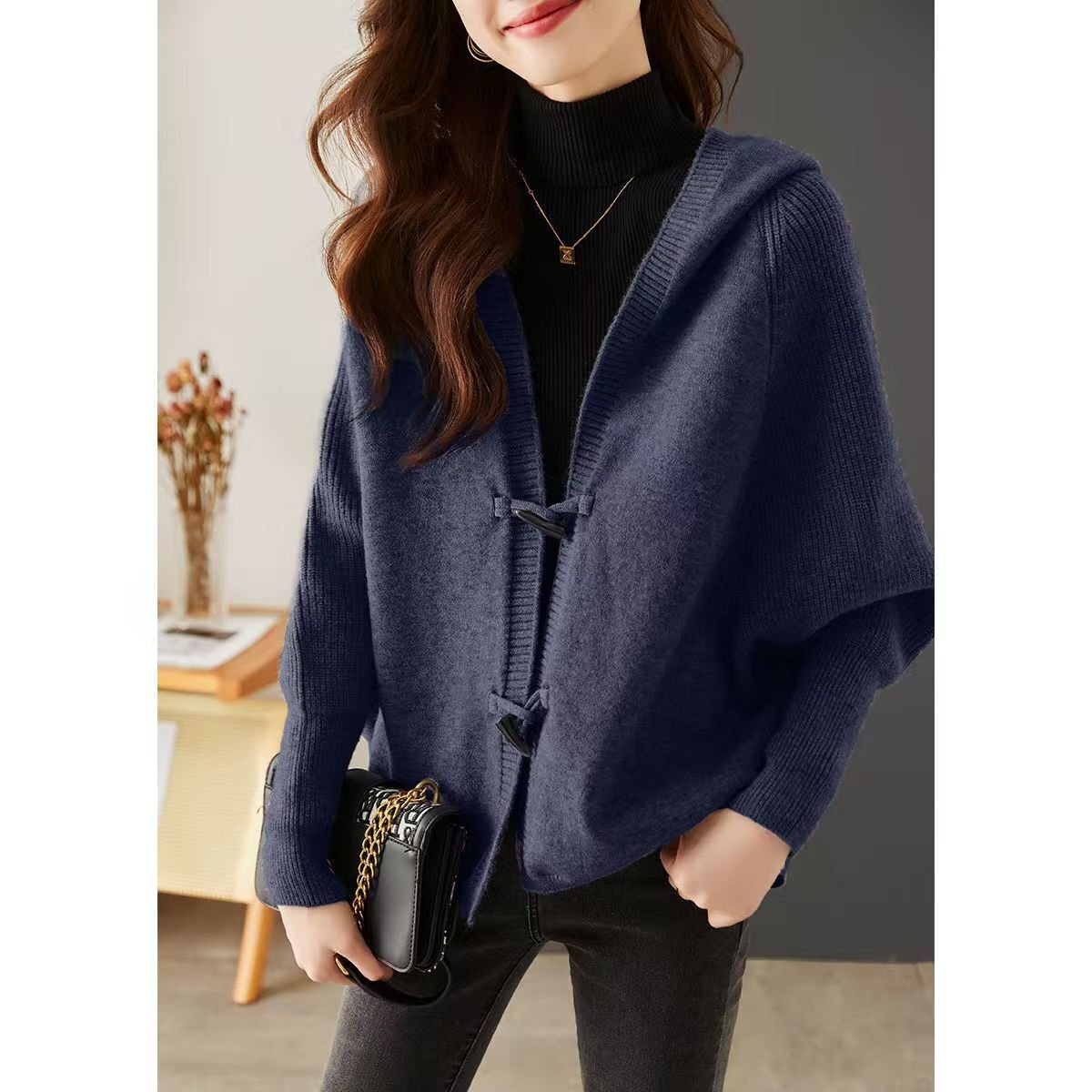 OHJ182★秋上質パーカーニットカーディガンレディース フード付き ドルマン袖長袖カットソー着痩せ羽織カジュアル気質ネイビーお色選択可拍卖