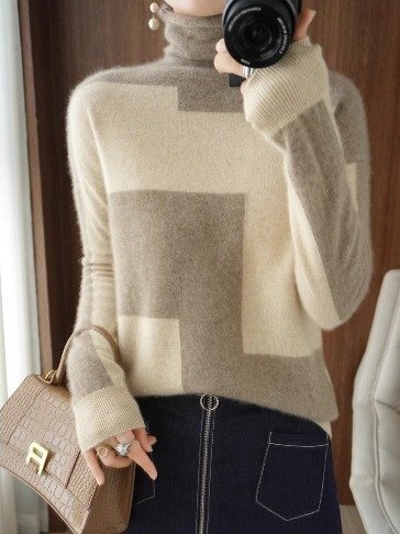 OHJ140★秋新品上品ニット セーター ハイネック カシミヤ混 大人 きれいめ 配色柄 ニットトップス 着痩せ セーターキャメル サイズ選択可拍卖