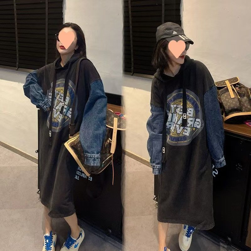 LRM4333★ワンピース 長袖 ロングワンピース ドッキングワンピース デニム トレーナーワンピース パーカー 春 秋 ロングワンピ拍卖