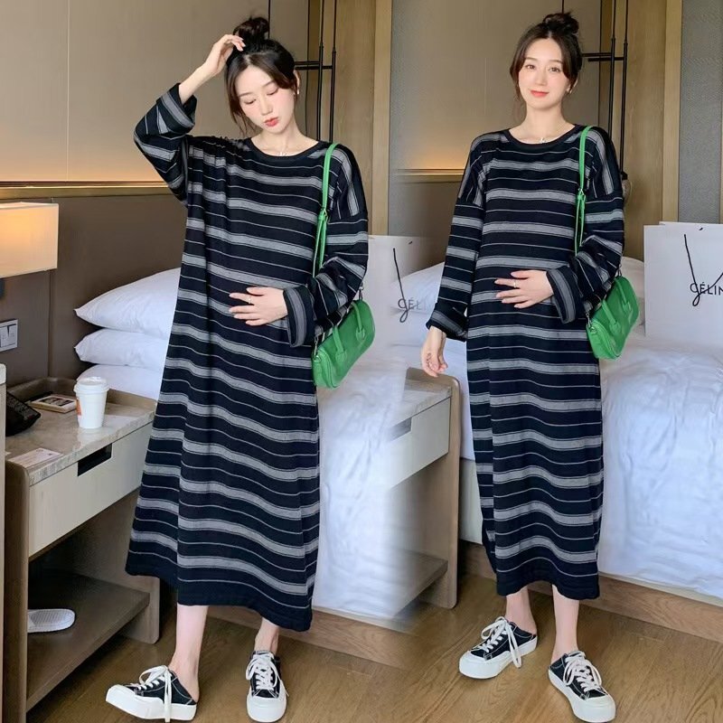 LRM4468★ニットワンピース レディース ボーダー柄ワンピース 長袖 大きいサイズ 秋 冬 クルーネック パジャマ拍卖