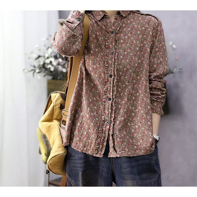 LRM4542★ブラウス レディース 長袖 シャツ ブラウス 花柄シャツ 花柄ブラウス レース 総柄 綿麻風 折り襟 タックシャツ拍卖