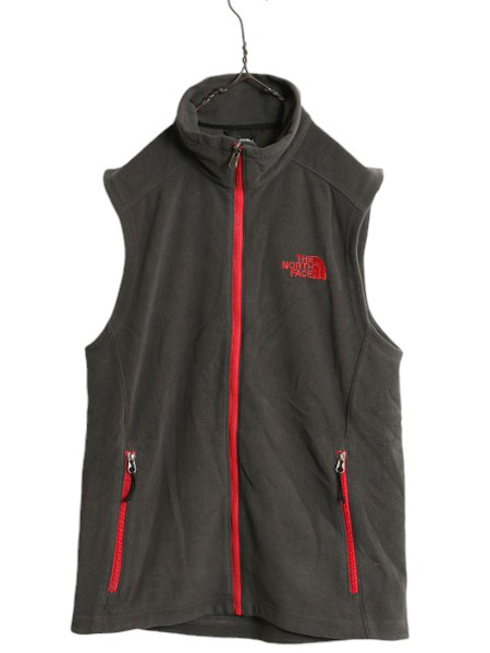 ノースフェイス フリース ベスト メンズ S 古着 THE NORTH FACE 重ね着 ジップアップ 前開き アウトドア ハイネック ワンポイント 濃灰 拍卖