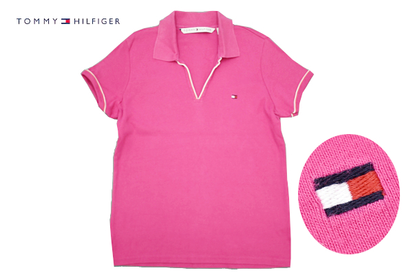 Y-8144★送料無料★美品★TOMMY HILFIGER トミーヒルフィガー★ショッキングピンク スキッパー襟 半袖 カットソー ポロシャツ S/P 拍卖