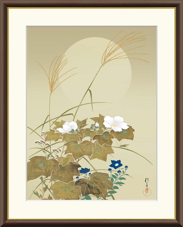 高精細デジタル額装版画 日本の名画 酒井抱一 (さかい ほういつ) 「 秋草に螽斯図 」 サイズ F8号拍卖