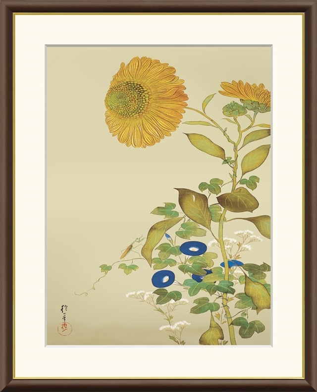 高精細デジタル額装版画 日本の名画 酒井抱一 (さかい ほういつ) 「 向日葵、朝顔、藤袴、蟷螂 」 サイズ F4号拍卖