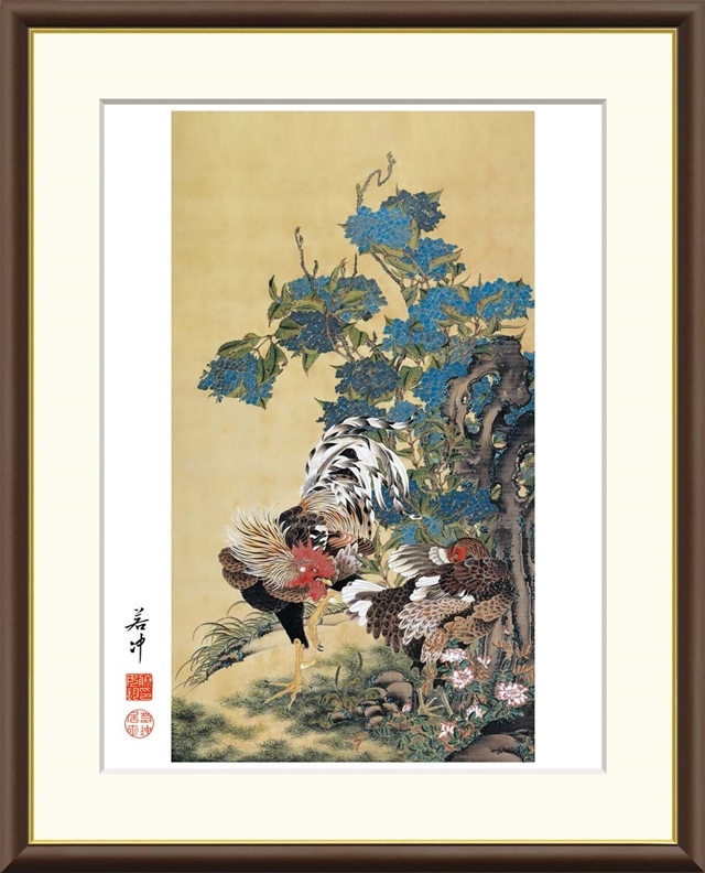 高精細デジタル額装版画 日本の名画 伊藤若冲 (いとう じゃくちゅう) 「 紫陽花双鶏図 」 サイズ F6号拍卖