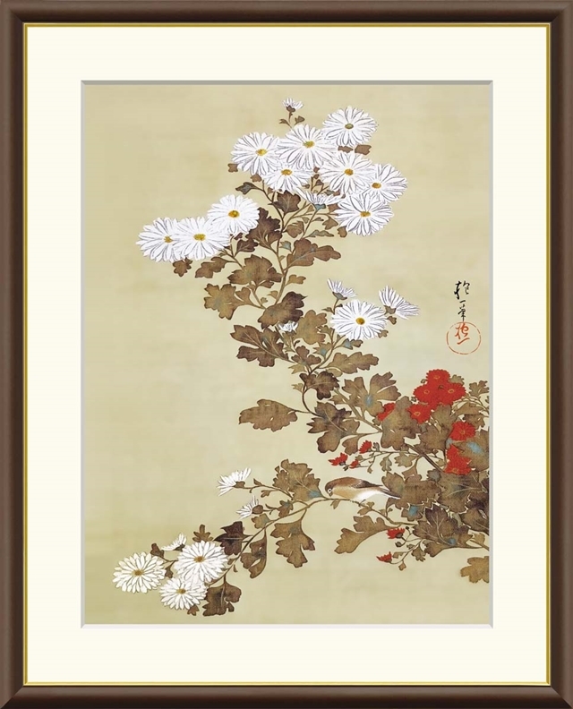 高精細デジタル額装版画 日本の名画 酒井抱一 (さかい ほういつ) 「 菊に小禽図 」 サイズ F6号拍卖