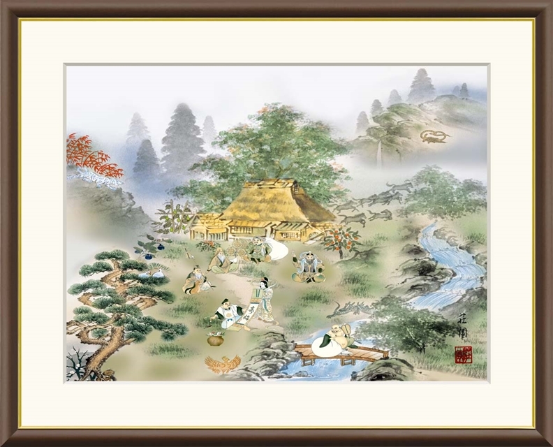 高精細デジタル額装版画 現代日本画 伝統開運画 朱竹、梟、四神など 「 七福四神相応図 」 サイズ F6号拍卖