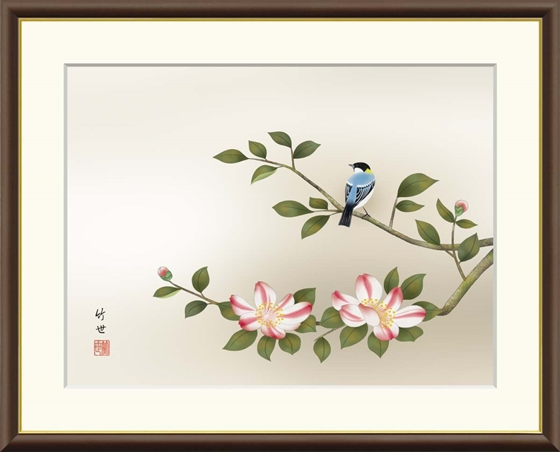 高精細デジタル額装版画 現代日本画 花鳥画 冬飾り 「 山茶花に小鳥 」 サイズ F8号拍卖