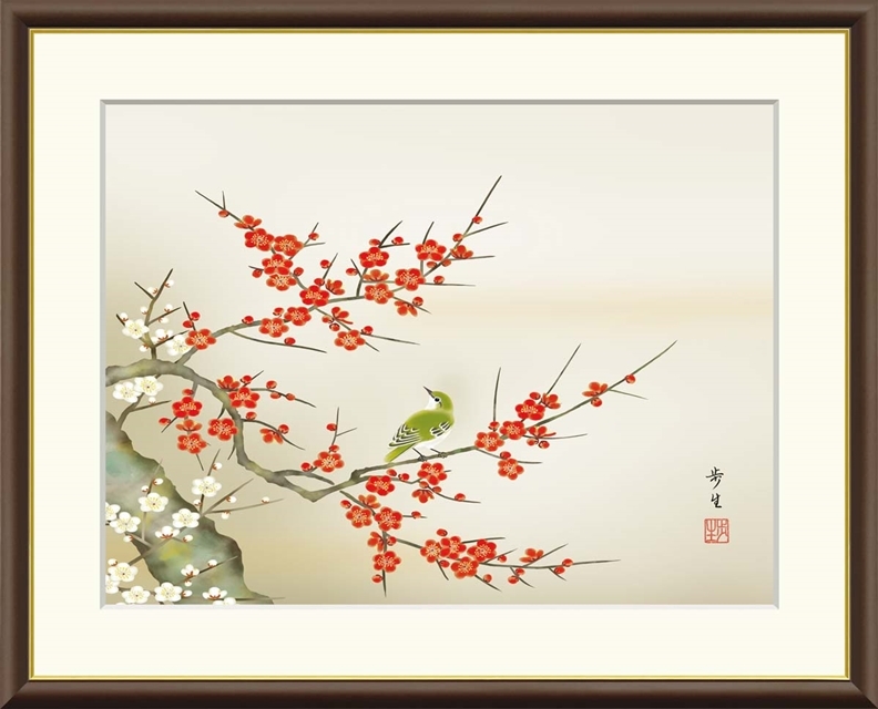 高精細デジタル額装版画 現代日本画 花鳥画 春飾り 「 紅白梅に鶯 」 サイズ F4号拍卖
