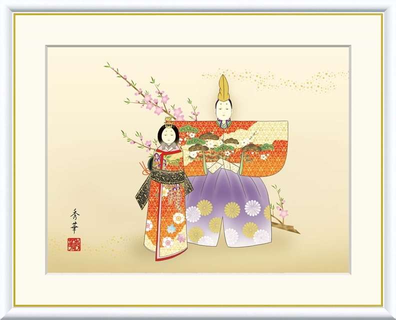 高精細デジタル額装版画 現代日本画 節句画 桃の節句 「 立雛 」 サイズ F8号拍卖