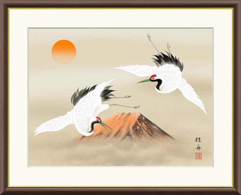 高精細デジタル額装版画 現代日本画 慶祝画 鶴亀、高砂など 「 赤富士飛翔 」 サイズ F4号拍卖