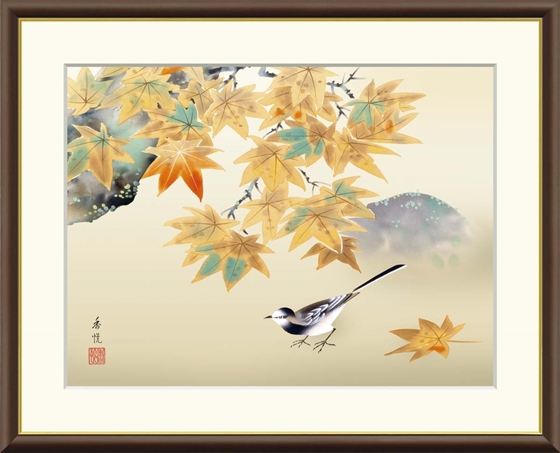 高精細デジタル額装版画 現代日本画 花鳥画 秋飾り 「 紅葉に小鳥 」 サイズ F6号拍卖