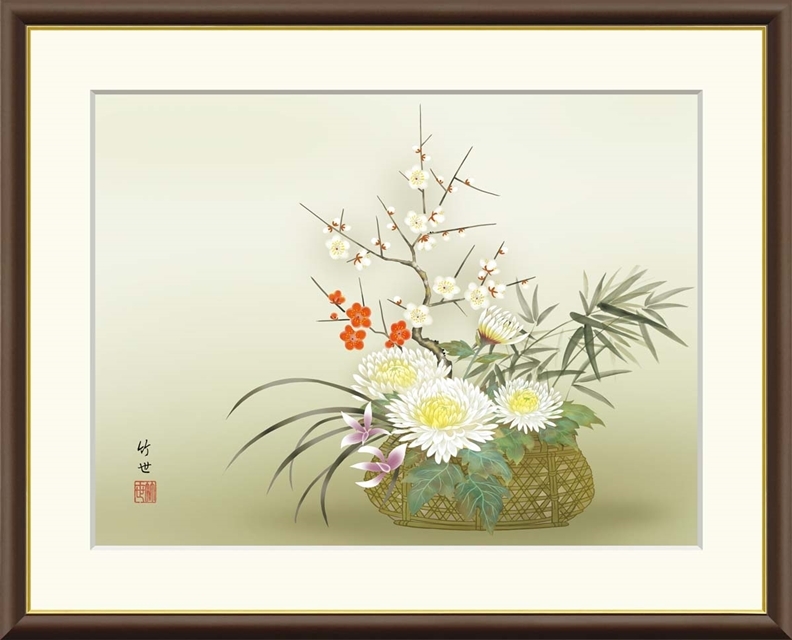 高精細デジタル額装版画 現代日本画 花鳥画 年中飾り 「 四君子 」 サイズ F6号拍卖