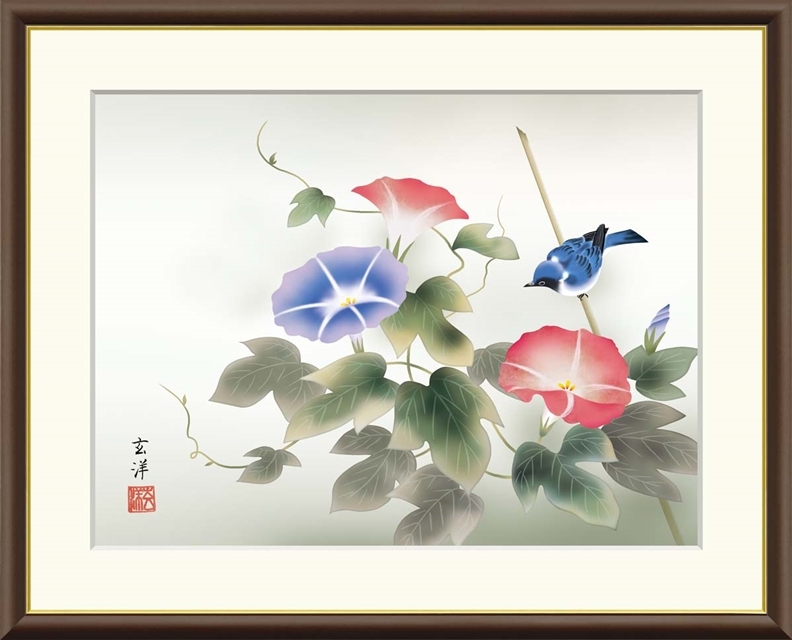 高精細デジタル額装版画 現代日本画 花鳥画 夏飾り 「 朝顔 」 サイズ F8号拍卖