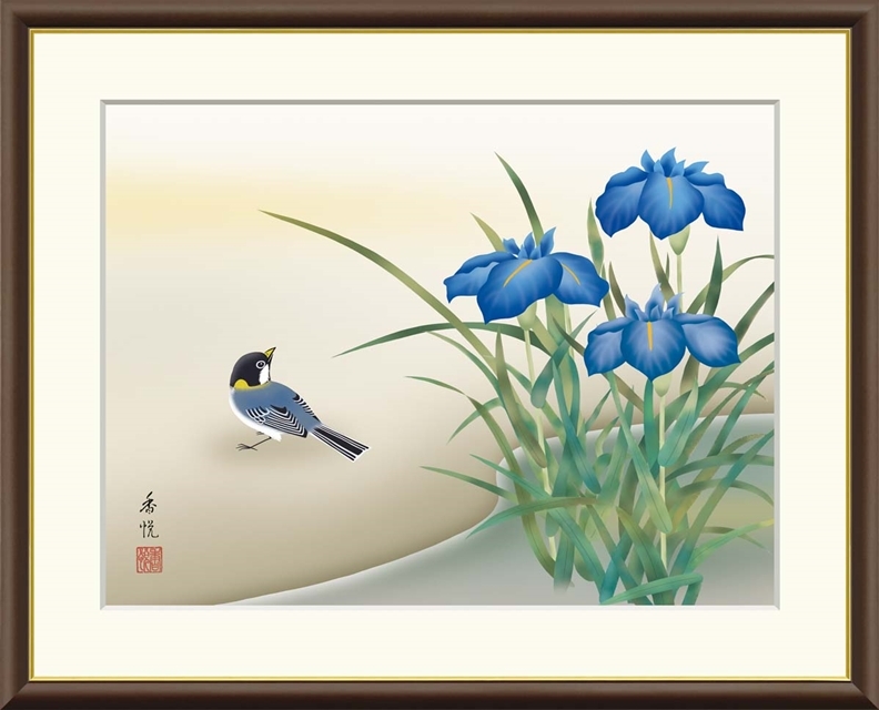 高精細デジタル額装版画 現代日本画 花鳥画 夏飾り 「 菖蒲に小鳥 」 サイズ F4号拍卖