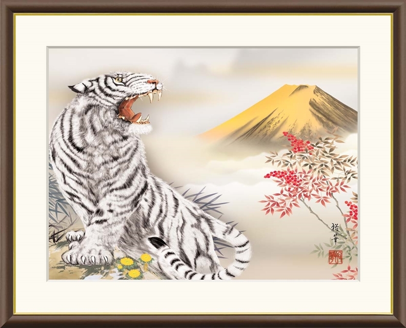 高精細デジタル額装版画 現代日本画 伝統開運画 朱竹、梟、四神など 「 金峰南天白虎図 」 サイズ F6号拍卖