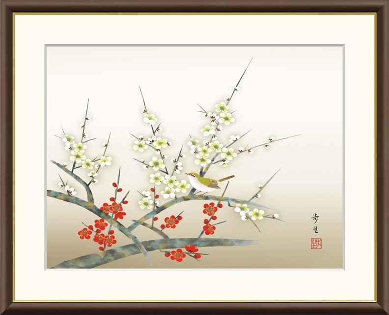 高精細デジタル額装版画 現代日本画 花鳥画 春飾り 「 紅白梅に鶯 」 サイズ F8号拍卖
